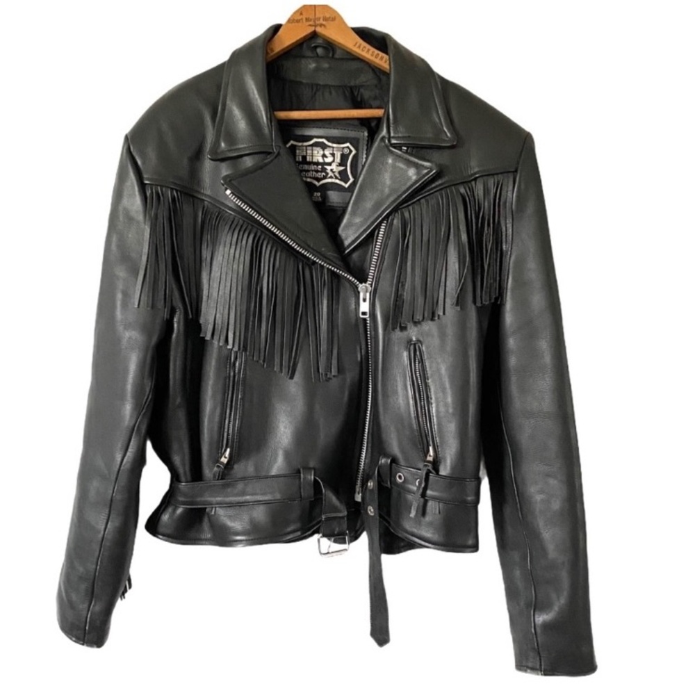 Vintage First Moto Jacket Fringe Black Leather
Belted Waist Retro Biker-Sz. 12